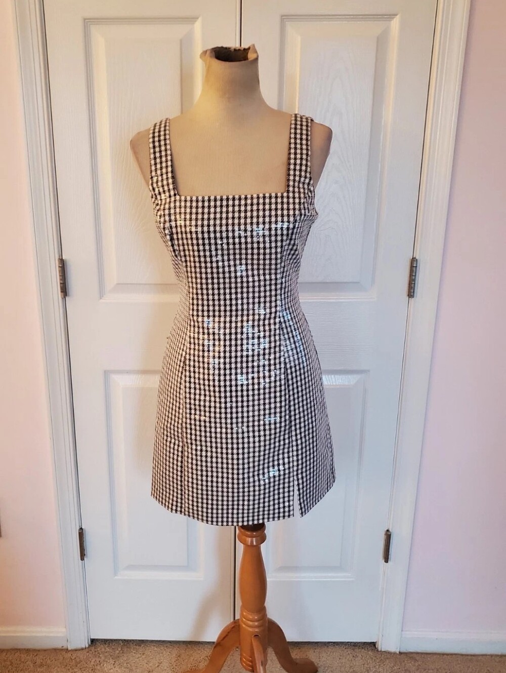 Checked Square-Neck Mini Dress in Black and White